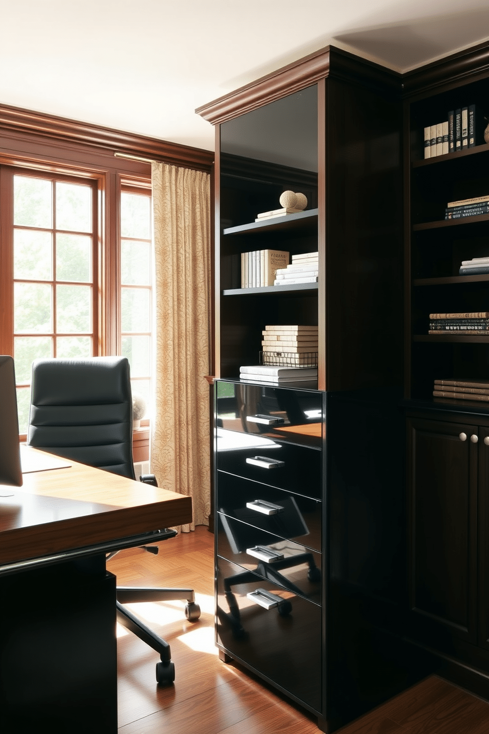 A sleek filing cabinet in a modern home office features a glossy black finish with minimalist handles, providing ample storage for organized paperwork. The cabinet is positioned beside a stylish wooden desk, which is paired with a comfortable ergonomic chair, creating a functional yet elegant workspace. Classic home office design ideas include rich wood paneling and a large window that floods the room with natural light. A traditional wooden desk is complemented by a plush leather chair, while shelves lined with books and decorative items add a touch of sophistication to the space.