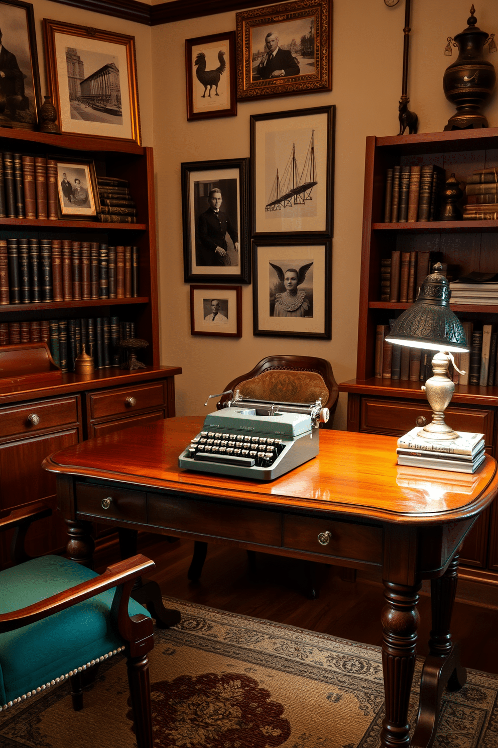 A vintage typewriter sits elegantly on a polished mahogany desk, surrounded by shelves filled with leather-bound books and antique trinkets. The walls are adorned with framed black-and-white photographs, and a warm, inviting rug lies beneath the desk, adding a touch of comfort to the classic home office design. Soft, ambient lighting from an ornate desk lamp illuminates the workspace, creating a cozy atmosphere perfect for creativity. Rich wood tones and deep green accents complement the vintage aesthetic, making the space both functional and visually appealing.