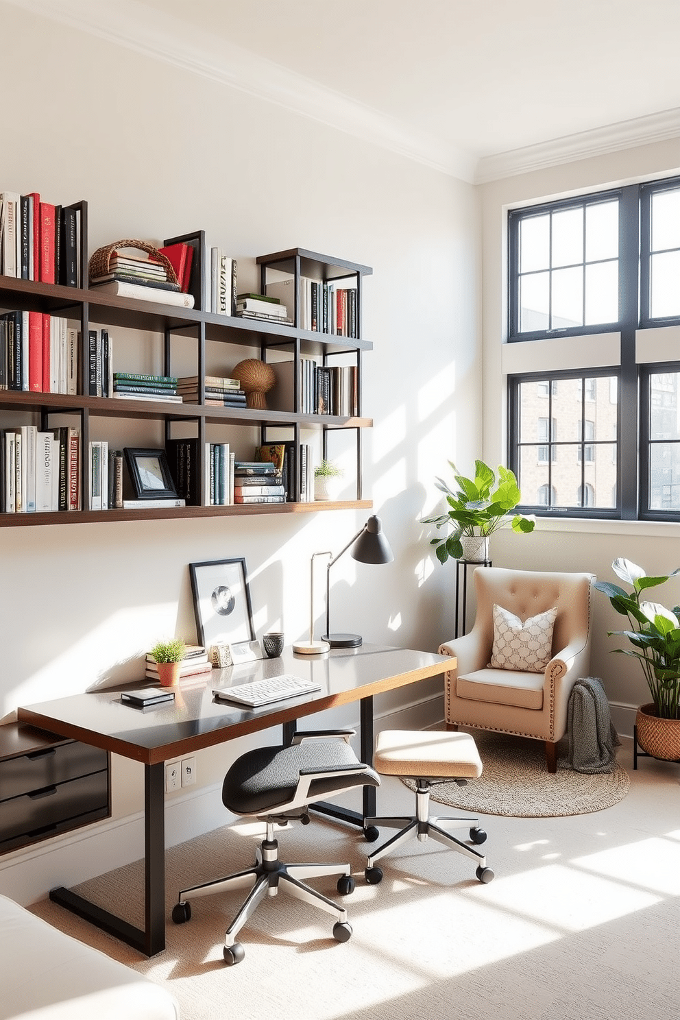 A stylish home office features wall-mounted shelves that provide open storage, displaying an array of books and decorative items. The shelves are crafted from dark wood, contrasting beautifully with the light-colored walls, while a sleek desk sits beneath them, paired with a comfortable ergonomic chair. Natural light floods the room through large windows, illuminating a cozy reading nook in the corner adorned with a plush armchair and a small side table. A modern desk lamp and a few potted plants add warmth and personality to this classic home office design.