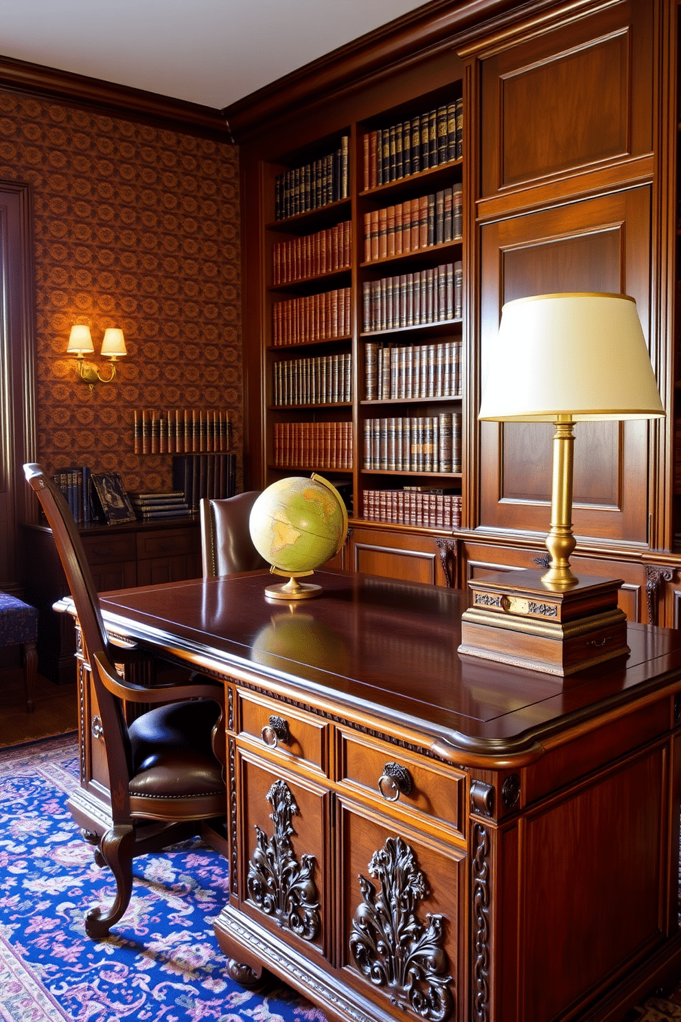 A traditional desk with intricate carvings takes center stage in a classic home office. The desk is paired with a plush leather chair, and warm wood tones dominate the space, creating an inviting atmosphere. Richly patterned wallpaper adorns the walls, complemented by dark wood bookshelves filled with leather-bound volumes. A vintage globe sits atop the desk, alongside a brass desk lamp that casts a soft, warm glow in the evening light.