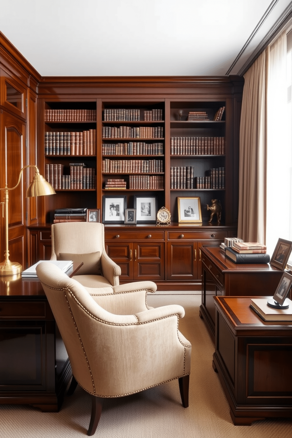 A classic home office featuring rich wooden furniture with elegant brass accents. The desk is paired with a plush, upholstered chair, and a stylish bookshelf filled with leather-bound books lines the wall. Decorative elements include a brass desk lamp and picture frames, adding warmth and sophistication to the space. A large window with sheer curtains allows natural light to filter in, enhancing the inviting atmosphere.