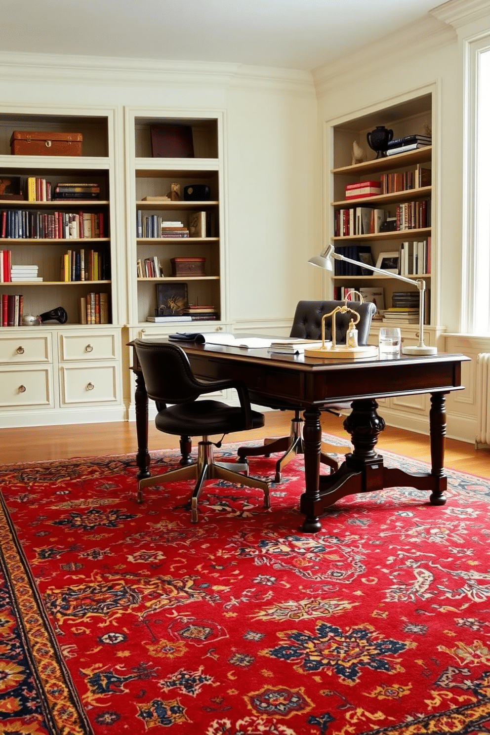 A classic rug with intricate patterns in rich colors anchors the workspace, providing warmth and texture. The rug complements the elegant wooden desk, which is adorned with stylish stationery and a sleek desk lamp. The walls are painted in a soft cream hue, creating a bright and inviting atmosphere. A comfortable leather chair sits at the desk, while shelves filled with books and decorative items add a personal touch to the classic home office design.