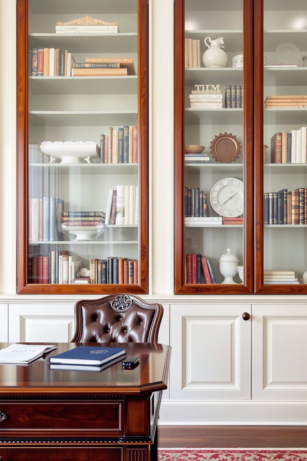 A classic home office features elegant glass door cabinets that showcase a curated collection of books and decorative items. The cabinets are framed in rich mahogany, complementing a polished wooden desk with intricate detailing and a comfortable leather chair.