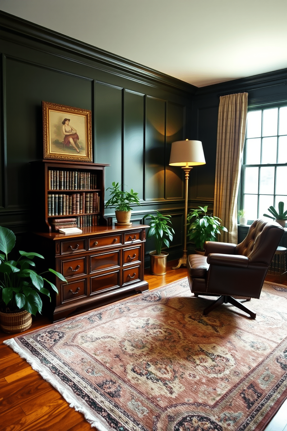 A classic home office design featuring rich wooden furniture, including a large mahogany desk and a comfortable leather chair. The walls are adorned with dark green wainscoting, and a plush area rug in a traditional pattern covers the hardwood floor. Potted plants are strategically placed around the room, adding a touch of freshness and vibrancy. A brass floor lamp stands beside the desk, illuminating a collection of vintage books neatly arranged on a nearby bookshelf.