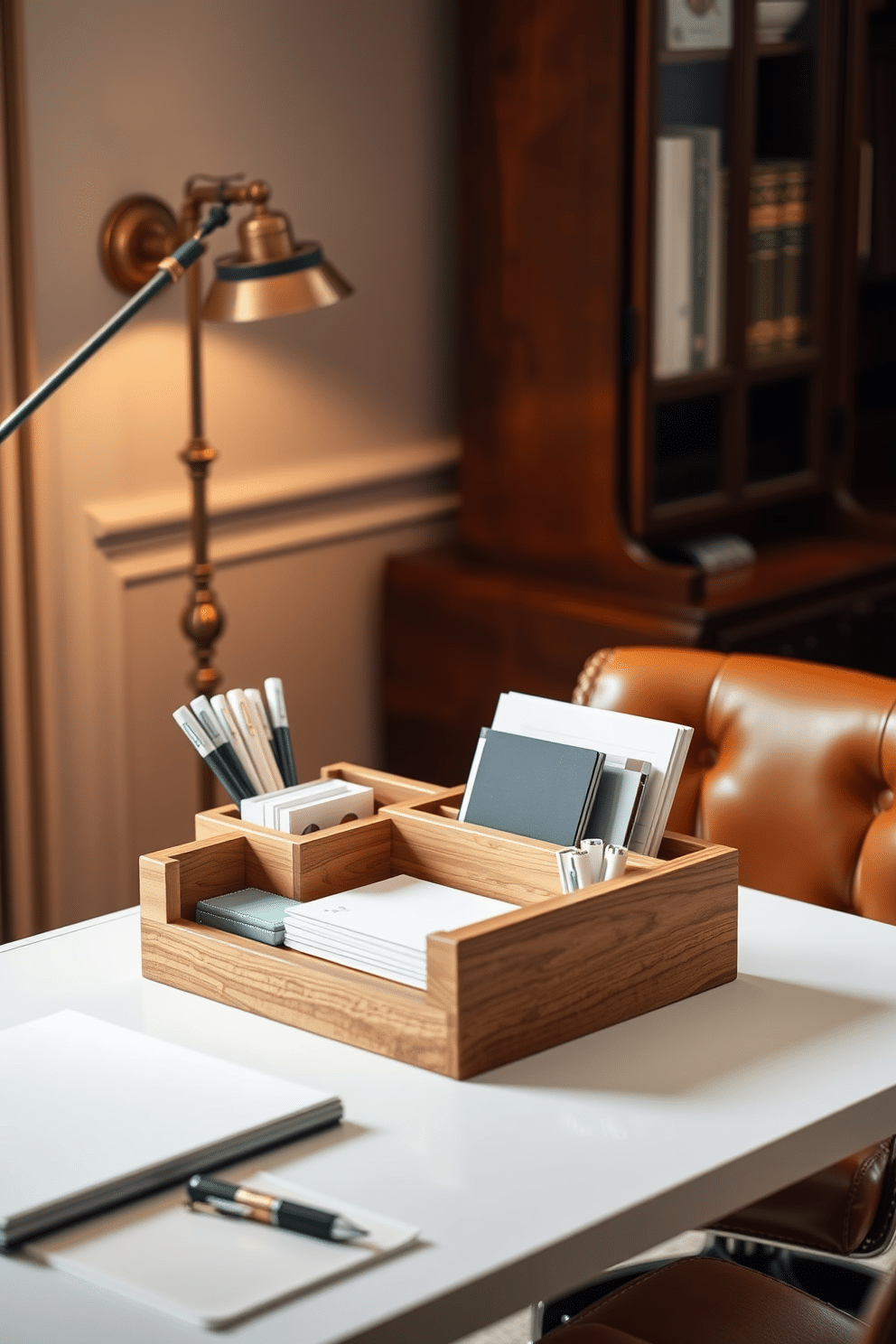 A stylish desk organizer crafted from natural wood features compartments for pens, notepads, and stationery, providing a clean and efficient workspace. The organizer is placed on a sleek, minimalist desk that complements the overall aesthetic of the home office. Classic home office design ideas include a rich mahogany desk paired with a comfortable leather chair, creating an inviting atmosphere for productivity. Soft, ambient lighting from a vintage-style lamp casts a warm glow over the space, enhancing the timeless elegance of the decor.