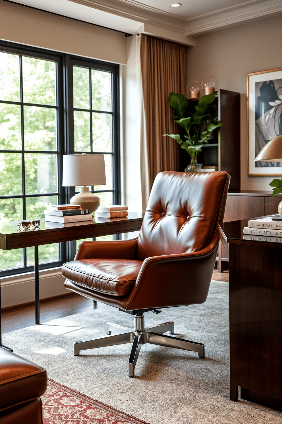 A chic leather chair is positioned in a stylish home office, featuring sleek lines and a rich, deep brown hue. The chair is complemented by a polished wooden desk, adorned with a modern lamp and a few carefully curated books. The office space is designed with a blend of contemporary and classic elements, showcasing a neutral color palette with pops of color from artwork on the walls. Large windows allow natural light to flood the room, enhancing the warm ambiance and inviting atmosphere.