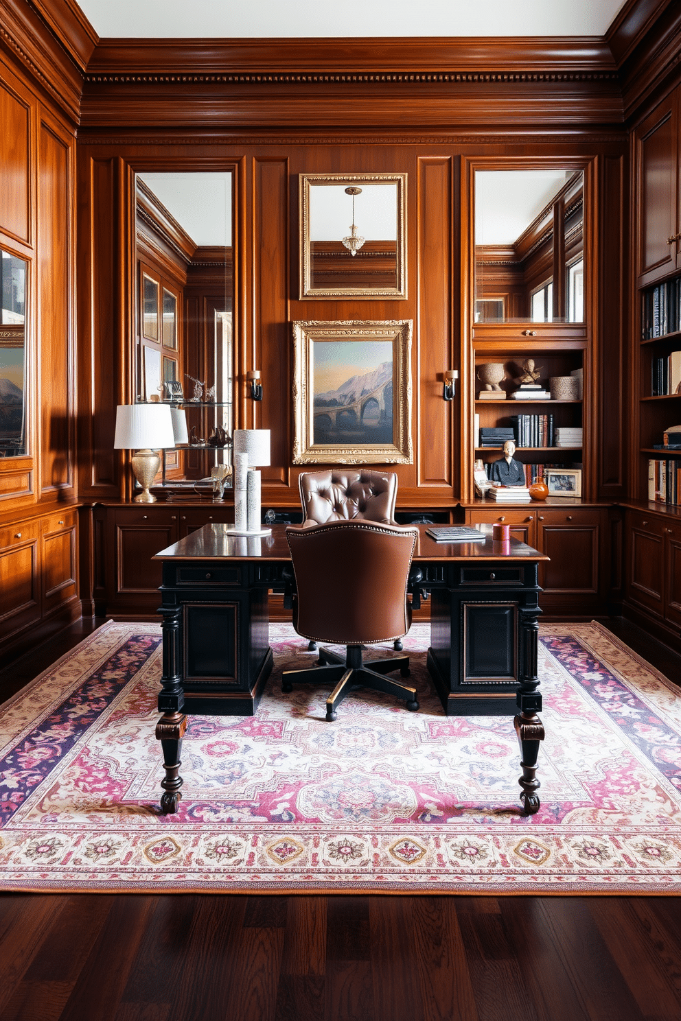 A classic home office design features rich wood paneling that adds warmth and depth to the space. A large, ornate desk sits in the center, complemented by a plush leather chair and a stylish area rug beneath. Mirrors are strategically placed on the walls to reflect natural light and enhance the feeling of openness. Shelves filled with books and decorative items line the walls, creating an inviting and functional workspace.