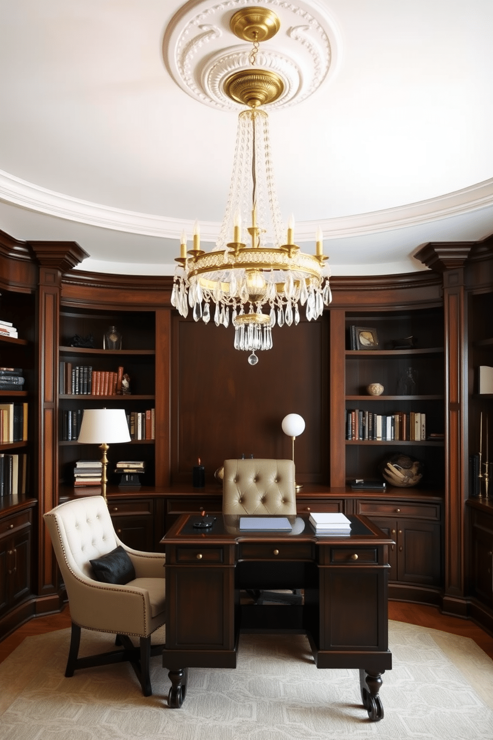 A classic chandelier hangs gracefully from the ceiling, its crystal droplets refracting light and adding a touch of elegance to the room. Below, a polished wooden desk sits against a wall adorned with rich, dark paneling, complemented by a plush, tufted chair. The home office features built-in shelves filled with books and decorative items, creating a harmonious balance between functionality and style. Soft, ambient lighting from the chandelier enhances the warm tones of the space, inviting productivity and creativity.