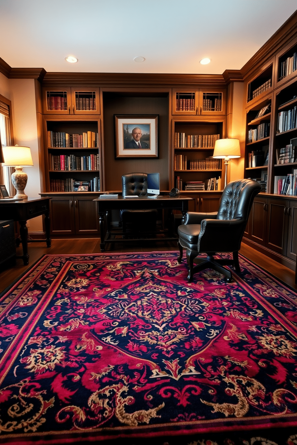 A richly colored area rug lies at the center of the room, featuring intricate patterns that add a touch of elegance and warmth. Its deep hues complement the surrounding decor, inviting comfort and style into the space. The classic home office design exudes sophistication, with a dark wood desk positioned against a wall lined with built-in bookshelves. A plush leather chair and warm lighting create a productive yet inviting atmosphere, perfect for focused work.