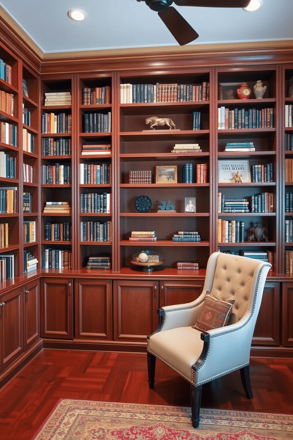 A classic home office features built-in bookshelves that stretch from floor to ceiling, providing ample organized storage for books and decorative items. The shelves are crafted from rich mahogany wood, complemented by a traditional leather desk and a comfortable upholstered chair.