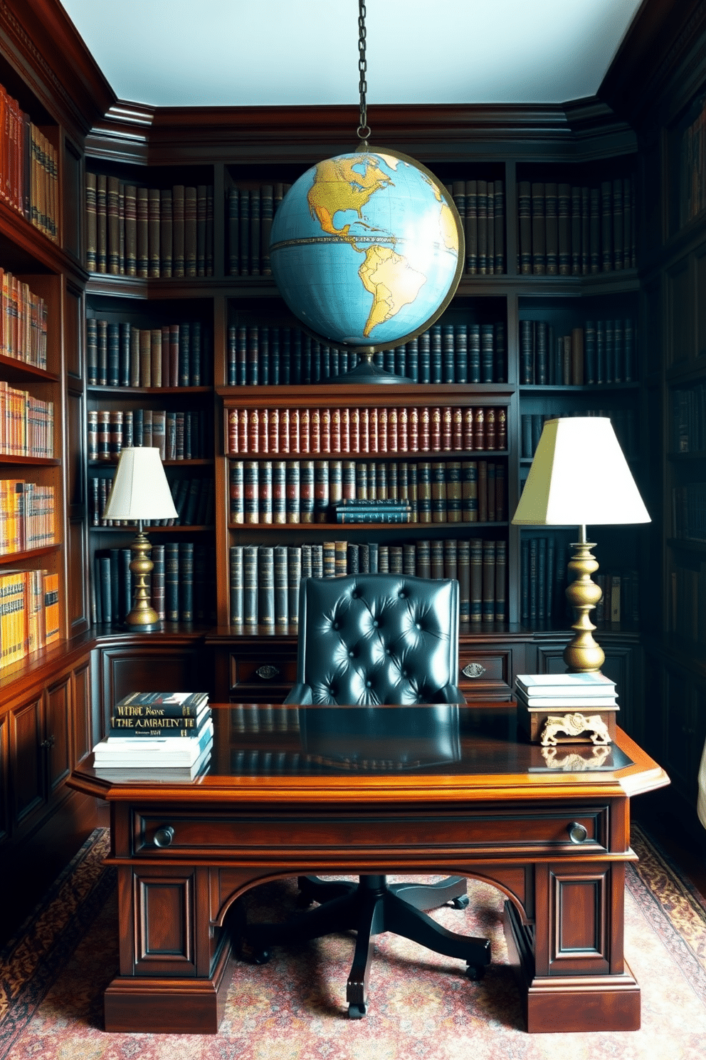 A classic home office featuring an antique globe as a decorative accent. The room is adorned with rich wooden bookshelves filled with leather-bound books, and a large mahogany desk sits at the center, complemented by a plush leather chair.