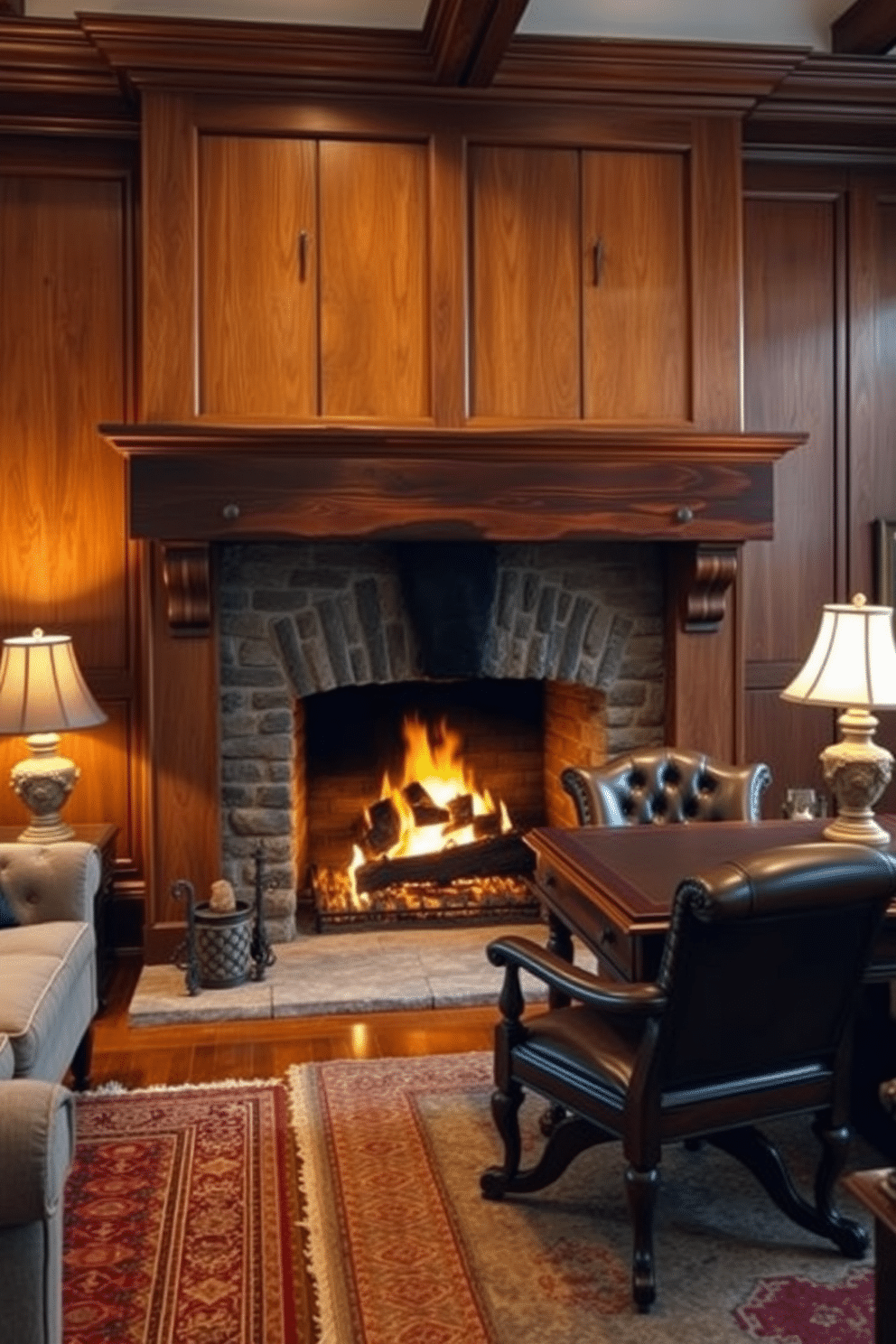 A traditional fireplace with a rustic wooden mantel creates a warm and inviting atmosphere. The flickering flames illuminate the room, surrounded by comfortable seating and plush rugs. In a classic home office design, rich wood paneling and elegant furnishings set a sophisticated tone. A large mahogany desk, paired with a vintage leather chair, complements the warm lighting from a stylish desk lamp.