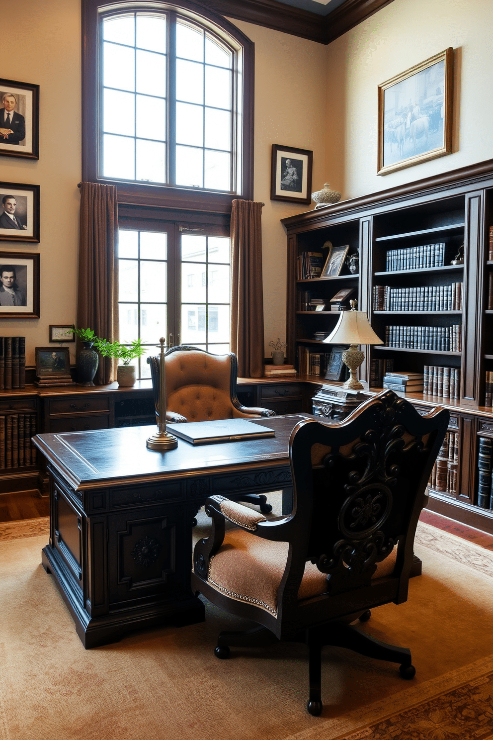 A classic home office features a large wooden desk with intricate carvings, positioned in front of a tall window that lets in natural light. The walls are adorned with framed artwork that reflects personal interests, and a plush, upholstered chair adds comfort and elegance. Bookshelves line one side of the room, filled with leather-bound volumes and decorative objects that enhance the sophisticated atmosphere. A warm area rug anchors the space, while a stylish desk lamp provides focused lighting for reading and writing tasks.