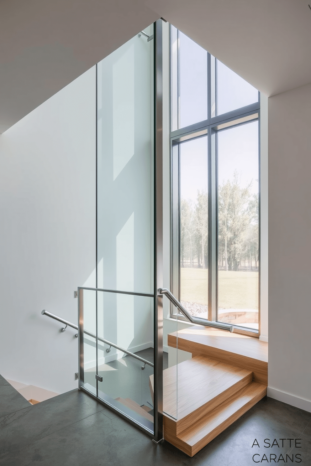 A sleek modern staircase design featuring a glass enclosure that allows natural light to flow through, creating an airy and open atmosphere. The staircase has elegant wooden treads and a minimalist metal railing that complements the contemporary aesthetic. The glass panels are framed with polished stainless steel, adding a touch of sophistication to the overall look. Surrounding the staircase is a neutral color palette, with light gray walls and a polished concrete floor that enhances the modern vibe.