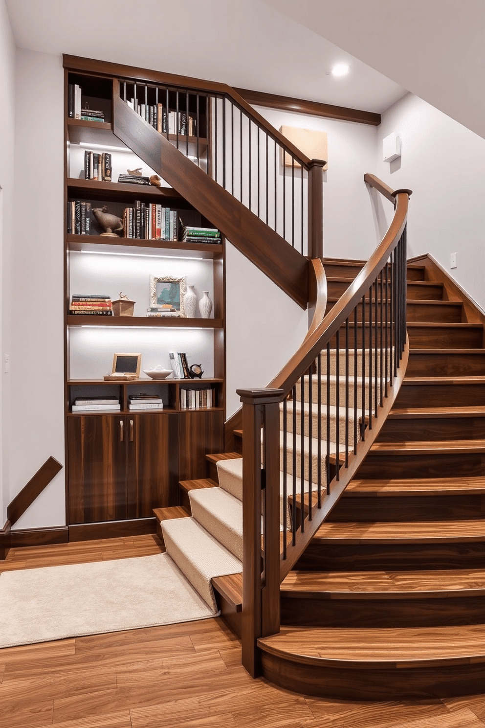 An elegant L-shaped staircase features built-in shelving seamlessly integrated into the wall, showcasing a collection of books and decorative items. The staircase is adorned with a rich wood finish, and a soft runner in a neutral tone adds warmth and texture. The closed staircase design offers a modern aesthetic, with sleek, minimalistic lines and a striking contrast between dark wood and white walls. Recessed lighting illuminates the staircase, creating a dramatic effect while enhancing the overall ambiance of the space.