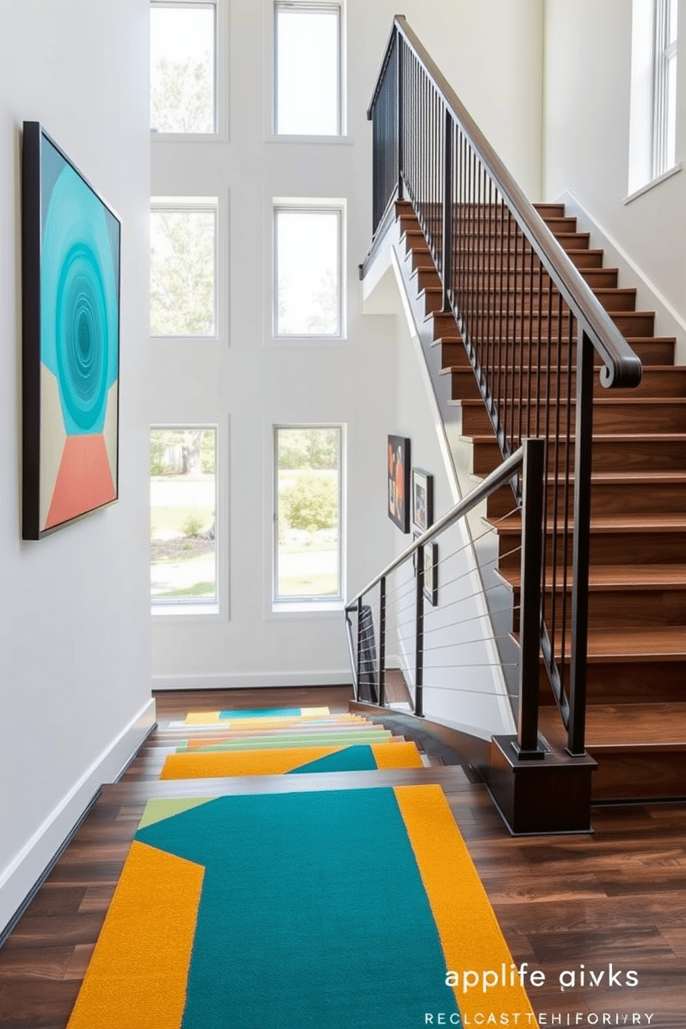 A contemporary staircase design featuring bold color accents. The stairs are crafted from sleek, dark wood, complemented by vibrant, geometric-patterned carpet runners in shades of teal and mustard yellow. The railing is a modern metal design, painted in a striking matte black, creating a stunning contrast against the bright colors. Large windows allow natural light to flood the space, highlighting the unique artwork displayed on the walls adjacent to the staircase.