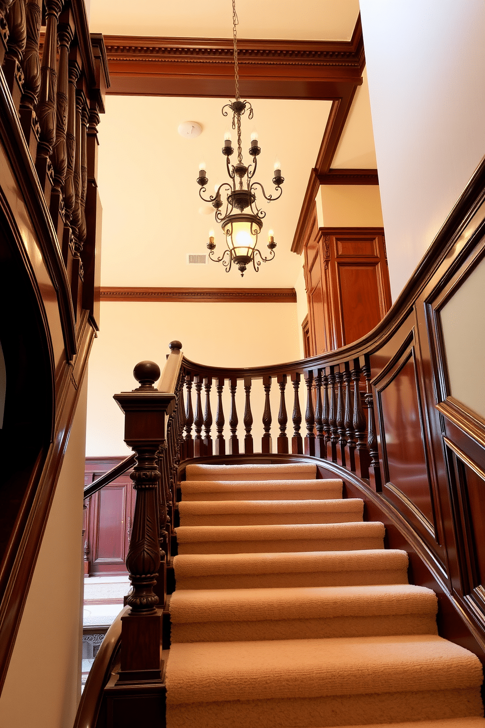 A traditional staircase with ornate balusters showcases intricate woodwork and a rich, polished finish. The staircase features a curved design, leading to a spacious landing adorned with a vintage chandelier that casts a warm glow. The balusters are elegantly carved, complementing the classic style of the handrail. Soft, neutral carpeting lines the steps, adding comfort and sophistication to the overall aesthetic.