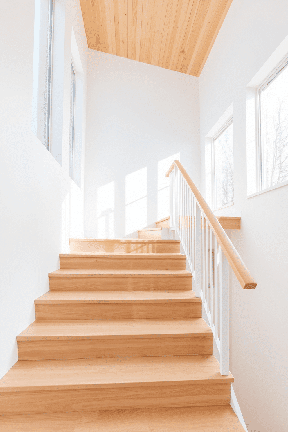 A Scandinavian style staircase features light wood with clean lines and minimalistic design. The steps are wide and gently curved, complemented by a sleek, white railing that enhances the airy feel of the space. Natural light floods the area through large windows, illuminating the warm tones of the wood. The surrounding walls are painted in a soft white, creating a serene and inviting atmosphere.