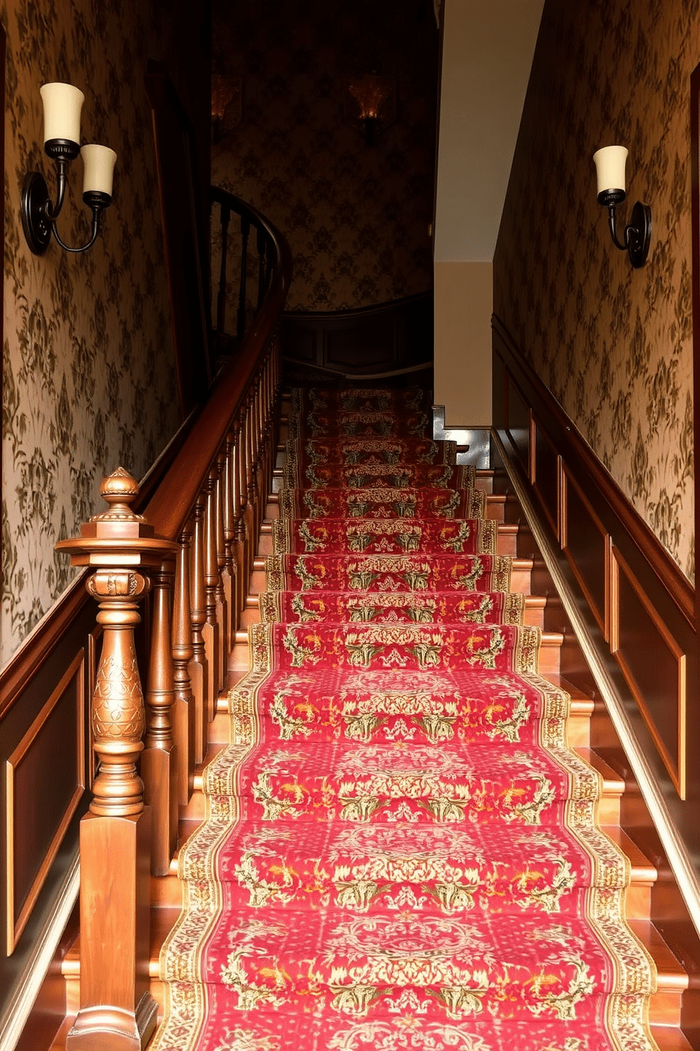 A vintage staircase featuring a richly patterned carpet that gracefully winds its way up the steps. The banister is crafted from dark wood, showcasing intricate carvings that add a touch of elegance to the overall design. The walls flanking the staircase are adorned with classic wallpaper, enhancing the vintage charm of the space. Soft, ambient lighting from wall sconces illuminates the staircase, creating a warm and inviting atmosphere.