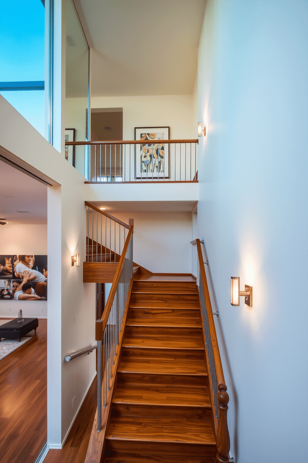 Open-concept staircase featuring sleek glass walls that allow natural light to flow through the space, creating an airy and modern atmosphere. The staircase is crafted from polished wood with minimalist metal railings, leading to a spacious upper landing adorned with contemporary artwork. Closed staircase design showcasing rich wooden steps and a beautifully carved banister that adds a touch of elegance to the interior. The surrounding walls are painted in a soft neutral color, complemented by strategically placed sconces that illuminate the staircase, enhancing its inviting feel.