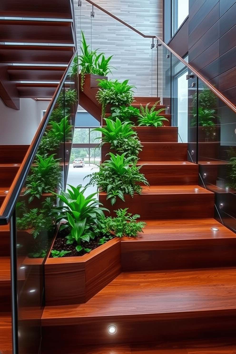 A stunning multi-level staircase features integrated planters that cascade with lush greenery, creating a vibrant focal point in the entryway. The wooden steps are complemented by a sleek glass railing, allowing natural light to illuminate the space while enhancing the airy feel of the design. The closed staircase design showcases a contemporary aesthetic with smooth, clean lines and a rich, dark wood finish. Soft LED lighting embedded within the steps adds a touch of elegance, guiding the way while highlighting the beautiful textures of the surrounding walls.