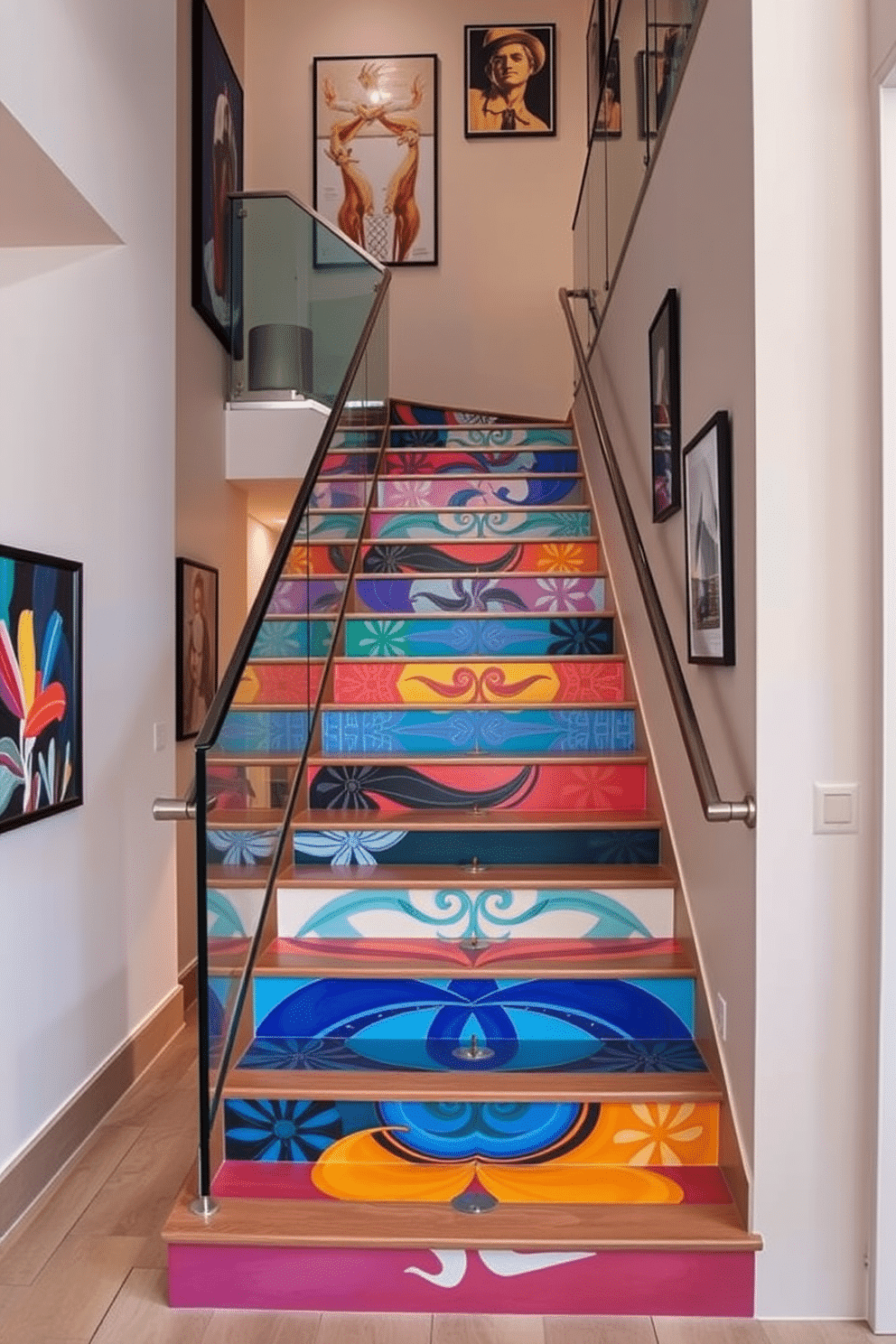 A stunning artistic staircase features beautifully painted risers in a vibrant array of colors, each step showcasing a unique design that draws the eye. The staircase is framed by a sleek glass railing, allowing the artwork on the risers to take center stage while maintaining an open and airy feel in the space. The surrounding walls are adorned with contemporary artwork, complementing the staircase's creative flair. Soft, ambient lighting illuminates the area, highlighting the intricate details of the painted risers and enhancing the overall aesthetic of the home.