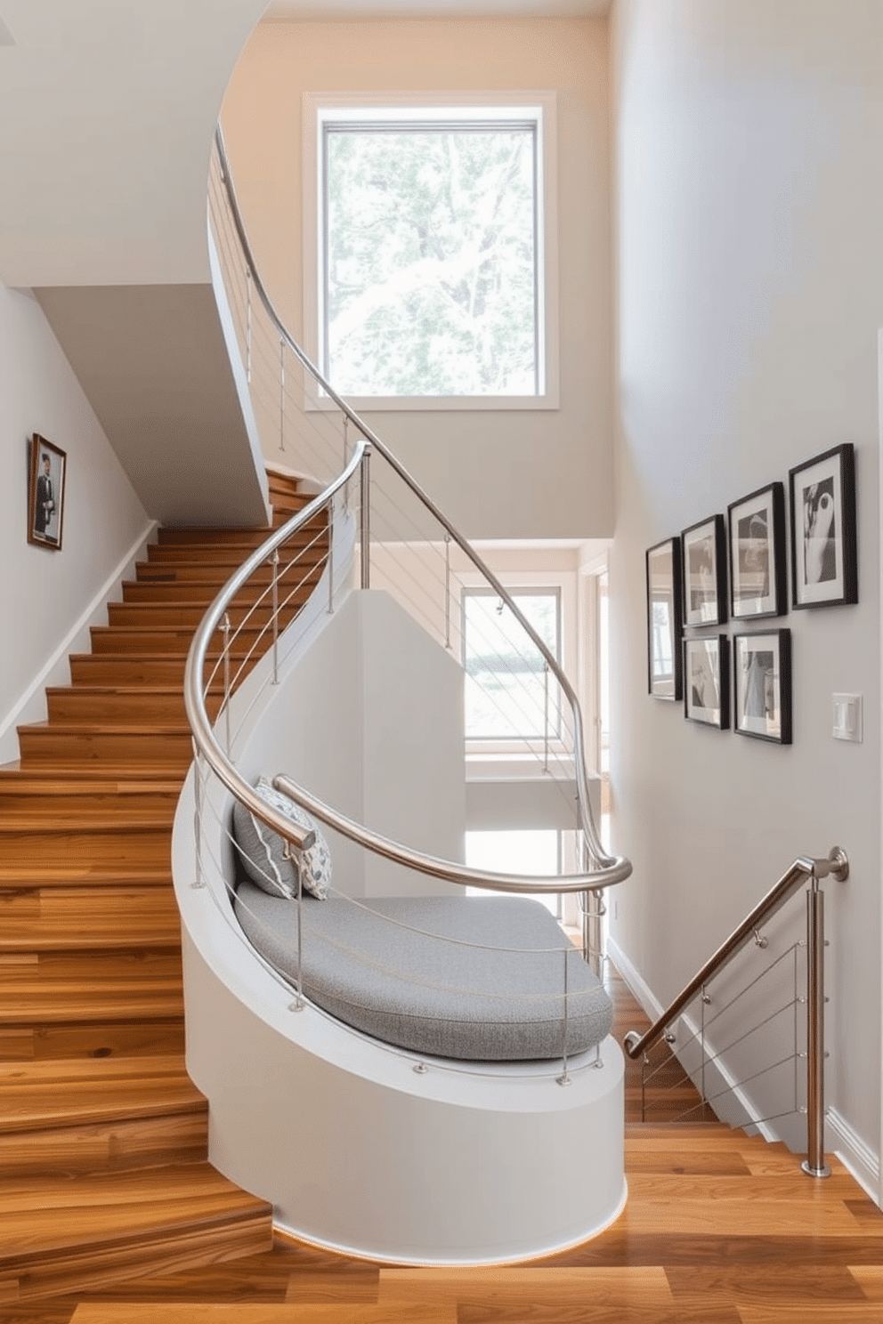 A modern staircase features a sleek, curved design with a built-in bench seat on the landing, upholstered in a soft gray fabric. The railing is crafted from polished stainless steel, complementing the warm wooden treads and risers that add a touch of elegance. The walls surrounding the staircase are adorned with framed artwork, creating a gallery-like atmosphere. Natural light floods the space through a large window above, enhancing the inviting ambiance of this stylish closed staircase design.