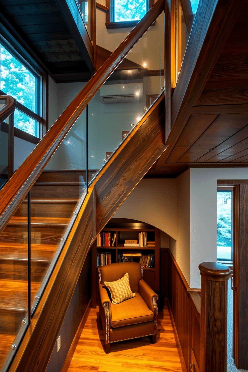 A rustic wooden staircase features rich, dark wood with a textured finish, seamlessly blending with the surrounding decor. Glass panels line the sides, providing a modern contrast while allowing natural light to flow through the space. The staircase is illuminated by soft, warm lighting that highlights the wood grain and enhances the inviting atmosphere. Below, a cozy reading nook is nestled, complete with a plush armchair and a small bookshelf, creating a perfect retreat.