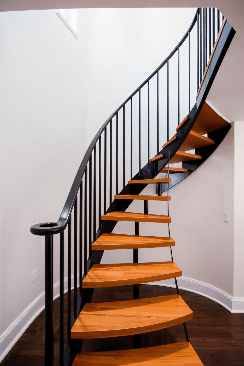 A striking black metal staircase with sleek wood steps elegantly curves upwards, creating a bold statement in the entryway. The contrast between the industrial metal and the warm wood adds depth and sophistication to the overall design. The walls surrounding the staircase are painted in a soft white, enhancing the staircase's dramatic presence. Understated recessed lighting highlights the staircase's architectural features, creating an inviting atmosphere.