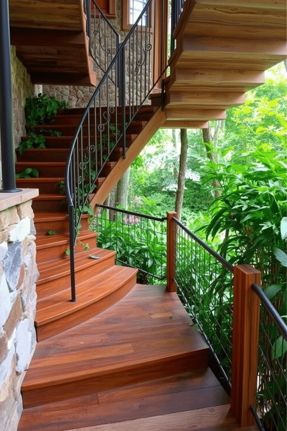 A stunning outdoor-inspired staircase features a blend of natural materials, including reclaimed wood and stone. Lush greenery surrounds the staircase, creating a seamless transition between indoor and outdoor spaces. The steps are wide and inviting, crafted from smooth, weathered wood that complements the surrounding landscape. A wrought-iron railing adds an elegant touch while ensuring safety without obstructing the view of the vibrant garden below.