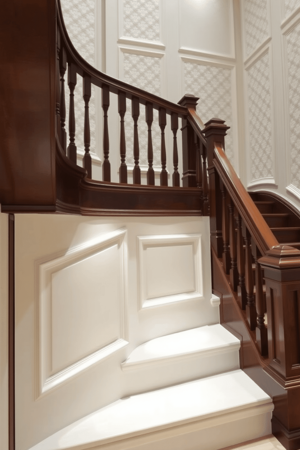 A grand staircase featuring elegant decorative wall panels that enhance the overall aesthetic. The staircase is crafted from rich mahogany wood, with a polished banister that complements the intricate paneling. The wall panels are adorned with a subtle geometric pattern, painted in a soft ivory hue to create a light and airy feel. Soft LED lighting highlights the beauty of the staircase, casting gentle shadows that accentuate the design elements.