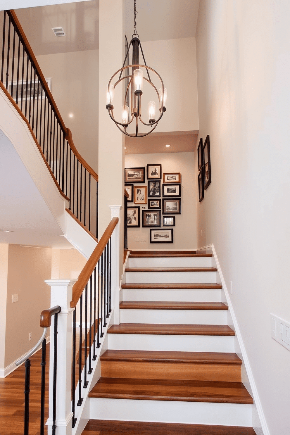 A transitional staircase featuring a blend of wood and metal elements, with a sleek wooden handrail and wrought iron balusters. The steps are crafted from rich, dark hardwood, while the risers are painted in a soft, neutral tone, creating an inviting contrast. The staircase is illuminated by a modern chandelier that hangs gracefully from the ceiling, casting warm light across the space. A gallery wall with framed artwork lines the staircase, adding a personal touch and enhancing the overall aesthetic.