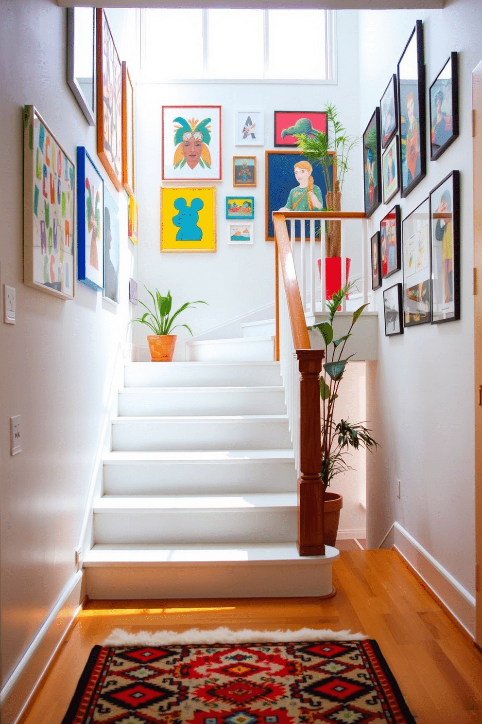 A bright staircase bathed in natural light features a sleek wooden railing and white risers. Colorful artwork adorns the walls, creating a vibrant gallery effect that invites creativity and warmth. The staircase is flanked by potted plants that add a touch of greenery. Below, a plush runner in a bold pattern adds comfort and style, enhancing the overall aesthetic of the space.