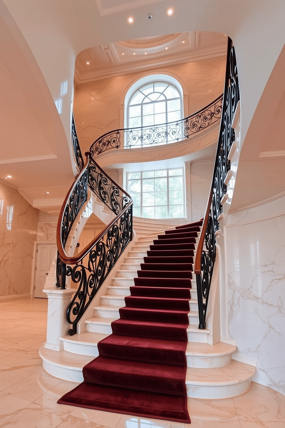 A grand luxury staircase featuring polished marble finishes that gleam under soft ambient lighting. The staircase is elegantly curved, with intricate wrought iron railings that add a touch of sophistication and artistry. The steps are adorned with a plush runner in a rich color, complementing the marble and enhancing the overall opulence of the design. Natural light floods the space through a large, arched window at the landing, illuminating the stunning details of the staircase.