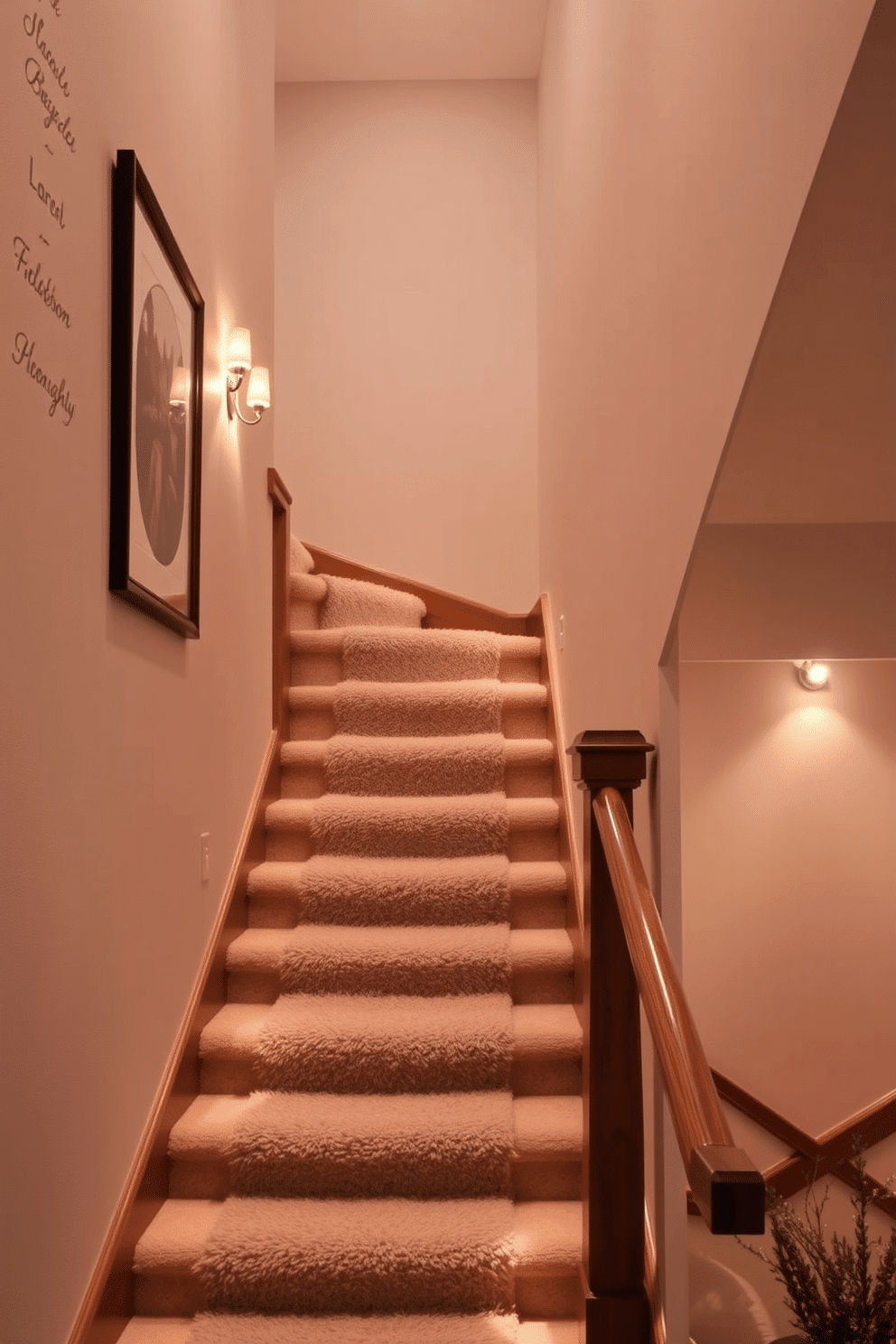 A cozy staircase design featuring soft, warm lighting fixtures that gently illuminate the steps. The staircase is adorned with a plush runner rug, and the walls are decorated with framed artwork to create an inviting atmosphere. The handrail is crafted from rich wood, complementing the neutral tones of the staircase. Subtle recessed lighting is integrated into the wall, enhancing the overall ambiance and guiding the way.