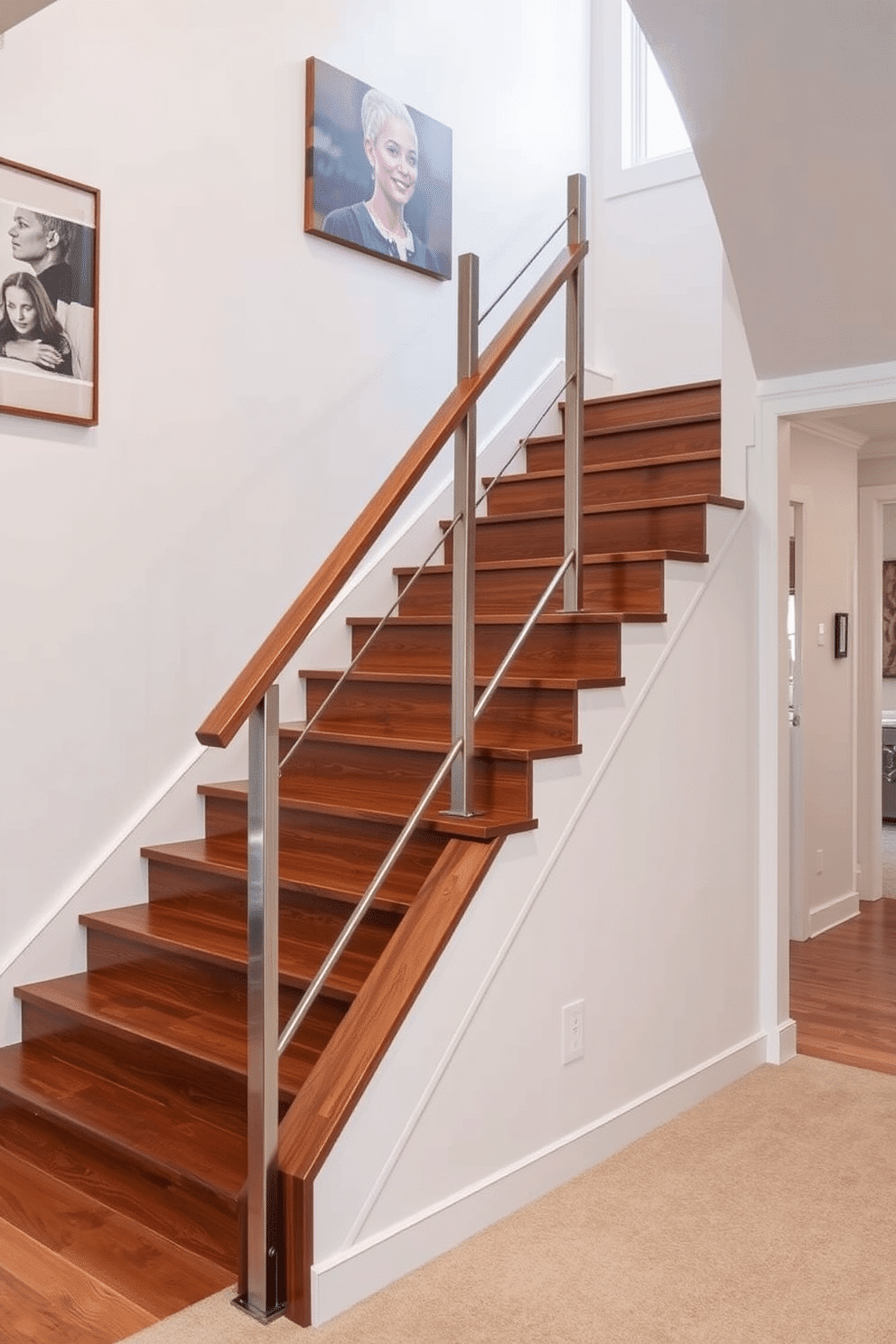 A striking staircase features a unique handrail design that combines sleek metal and warm wood elements, creating a modern yet inviting look. The steps are crafted from rich hardwood, and the walls are adorned with contemporary artwork, enhancing the staircase's visual appeal. The closed staircase design showcases a minimalist aesthetic with smooth, uninterrupted surfaces and a soft color palette of whites and grays. Integrated lighting highlights the staircase's elegant lines, while plush carpeting adds a touch of comfort underfoot.