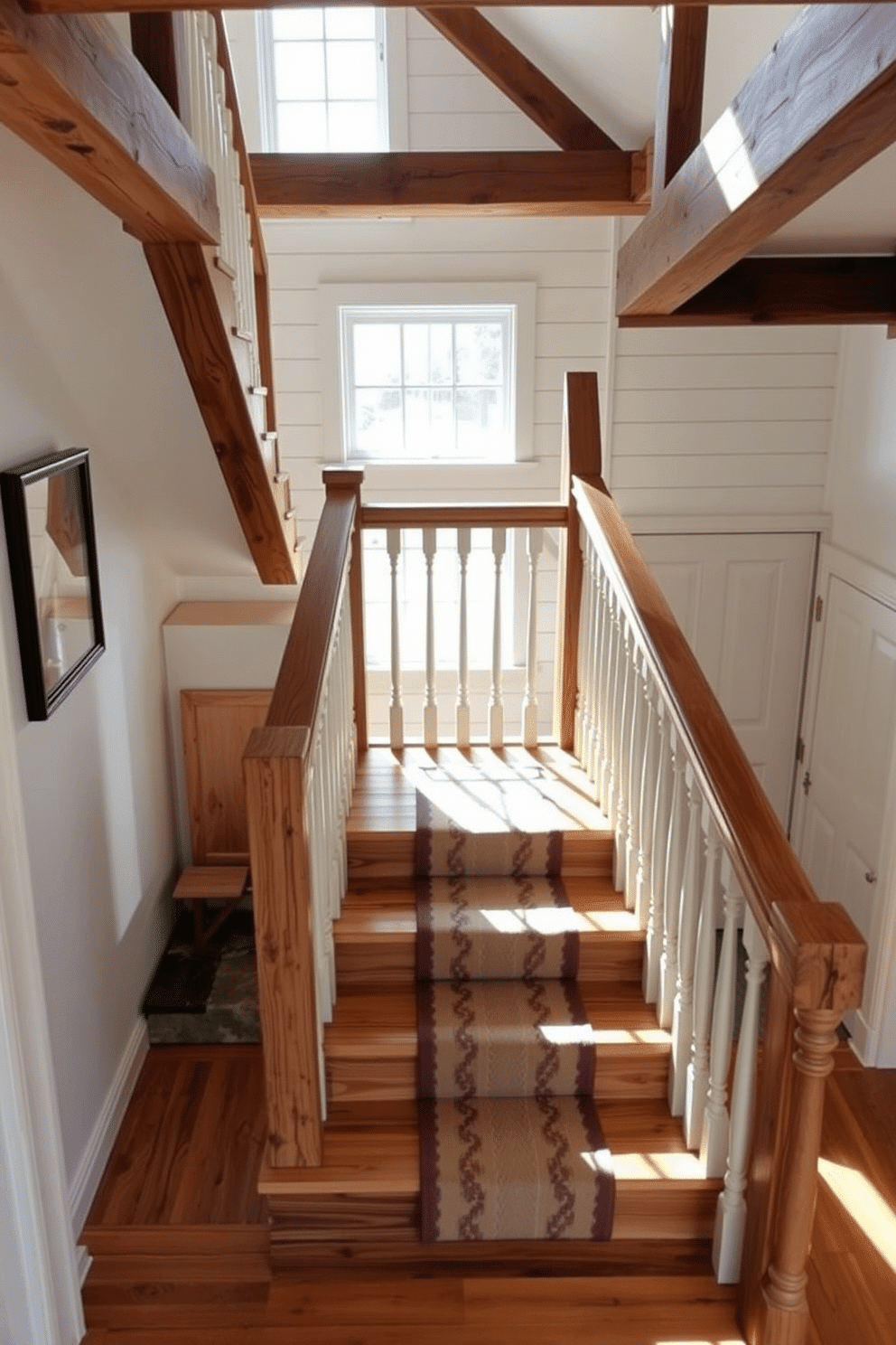 A charming farmhouse-style staircase made of reclaimed wood, featuring wide, sturdy treads and exposed beams that highlight the rustic aesthetic. The staircase is flanked by white shiplap walls, and a vintage-style runner adds warmth and texture to the steps. The closed staircase design incorporates a series of elegant, curved balusters painted in a soft, matte finish, creating a seamless transition between floors. Natural light floods the space through a large window at the landing, casting inviting shadows on the wooden surfaces.