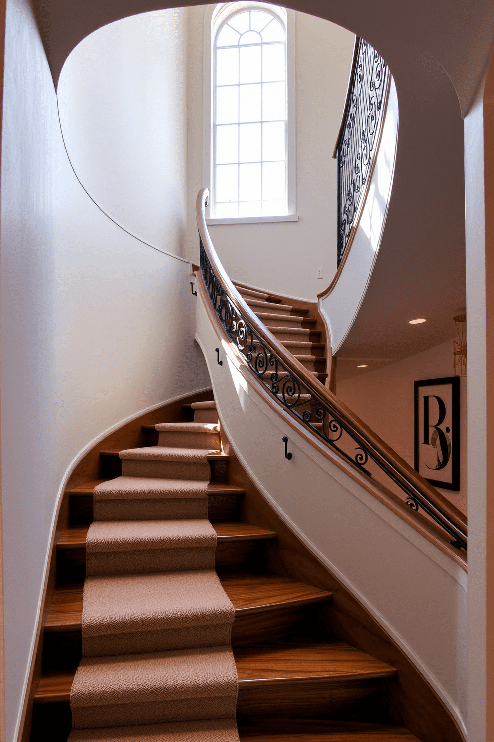 A stunning curved staircase gracefully ascends, featuring an intricately designed decorative railing that adds elegance to the space. The staircase is illuminated by natural light streaming through a large window, highlighting the rich wood tones of the steps and the soft hues of the surrounding walls. The closed staircase design incorporates a sleek, modern aesthetic with clean lines and a minimalist approach. Soft carpeting runs along the steps, providing comfort and warmth, while the walls are adorned with subtle artwork that complements the overall design.