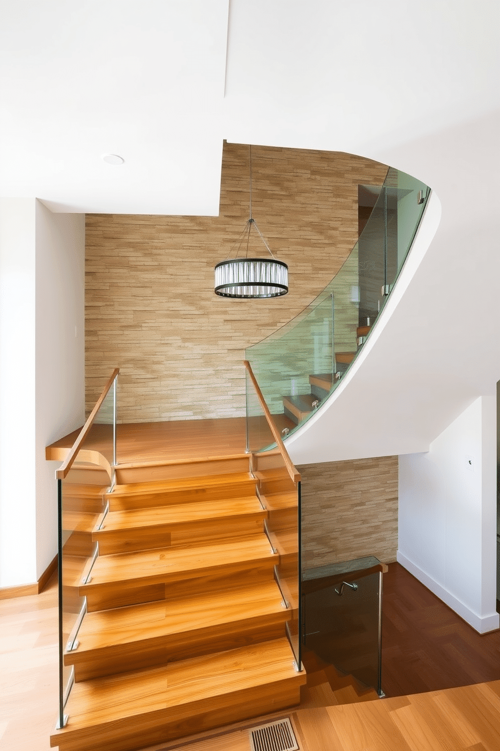 A modern staircase design featuring a sleek, open layout with contrasting textures. The staircase is constructed with polished wood steps and a glass railing, creating a striking visual contrast against the textured stone wall behind it. The landing area showcases a minimalist design with a statement light fixture hanging above. Soft, neutral tones are used throughout, enhancing the contemporary feel while adding warmth to the space.