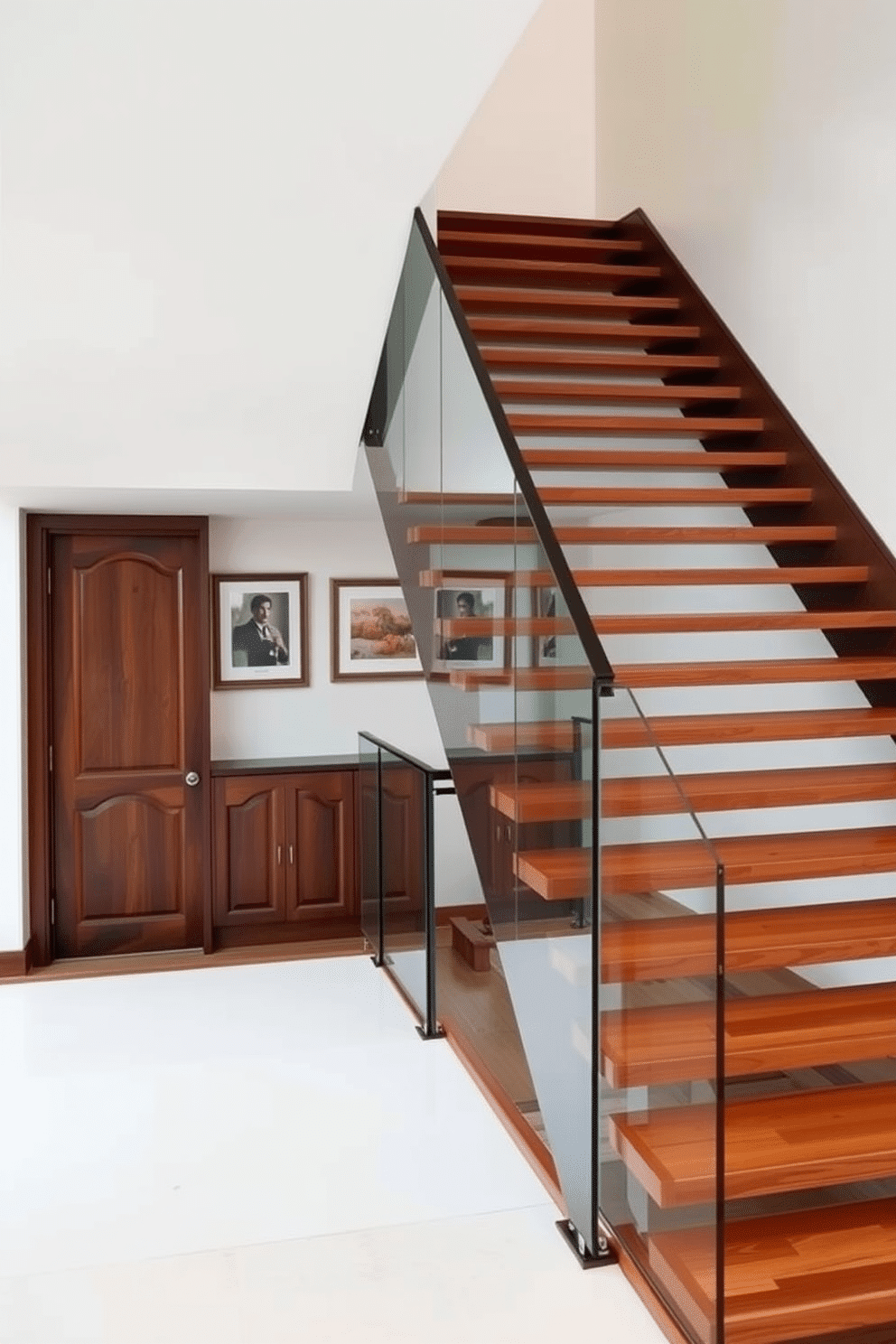 A minimalist staircase with open risers features sleek wooden treads that create a sense of openness and lightness in the space. The railing is a simple glass design, allowing unobstructed views and enhancing the airy feel of the staircase. Closed staircase design ideas incorporate rich materials like dark wood or metal for a more traditional look. The walls alongside the staircase are adorned with framed artwork, adding personality and warmth to the enclosed space.