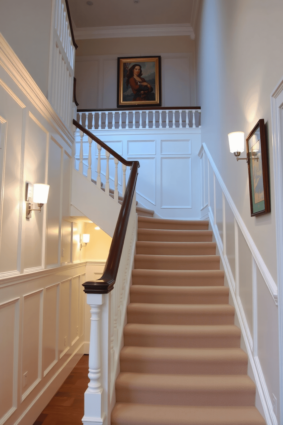 A classic white staircase features elegant wainscoting along the walls, enhancing its timeless appeal. The staircase is adorned with a polished wooden handrail, leading to a beautifully lit upper landing with decorative artwork. The steps are carpeted in a soft, neutral hue, providing comfort and a touch of luxury. Ambient lighting fixtures are strategically placed to highlight the architectural details of the staircase, creating a warm and inviting atmosphere.