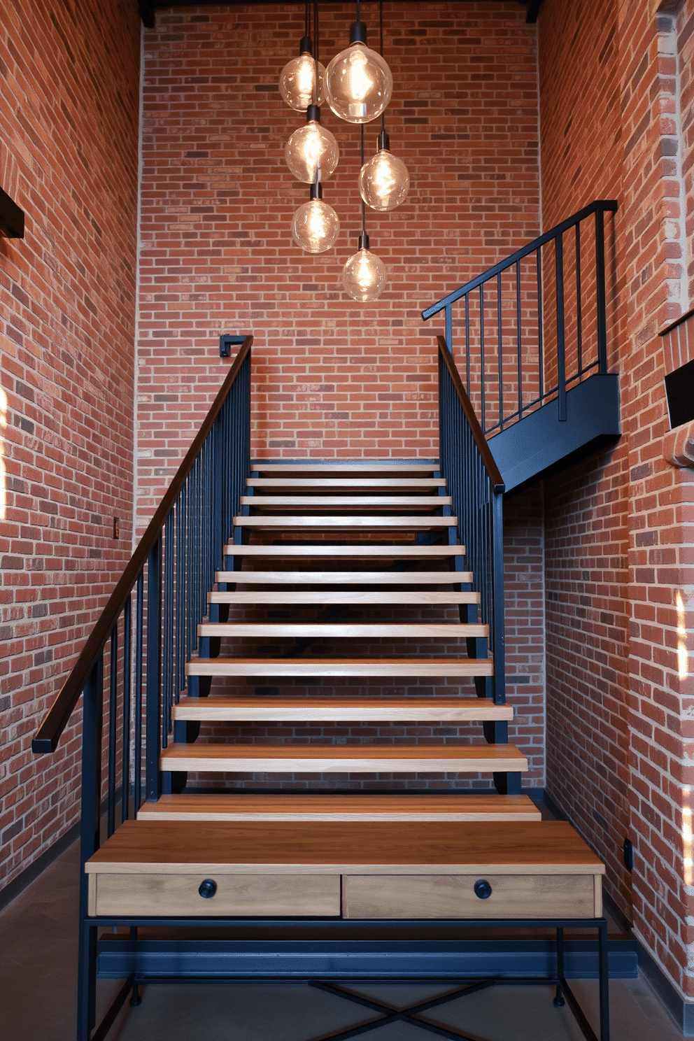 An industrial style staircase features raw metal accents and exposed wooden treads, creating a striking contrast between materials. The railing is made of sleek black metal, complementing the rugged charm of the surrounding brick walls. The staircase is illuminated by pendant lights hanging from a high ceiling, casting warm light on the metal and wood elements. Below, a minimalist console table adds functionality while maintaining the open feel of the space.