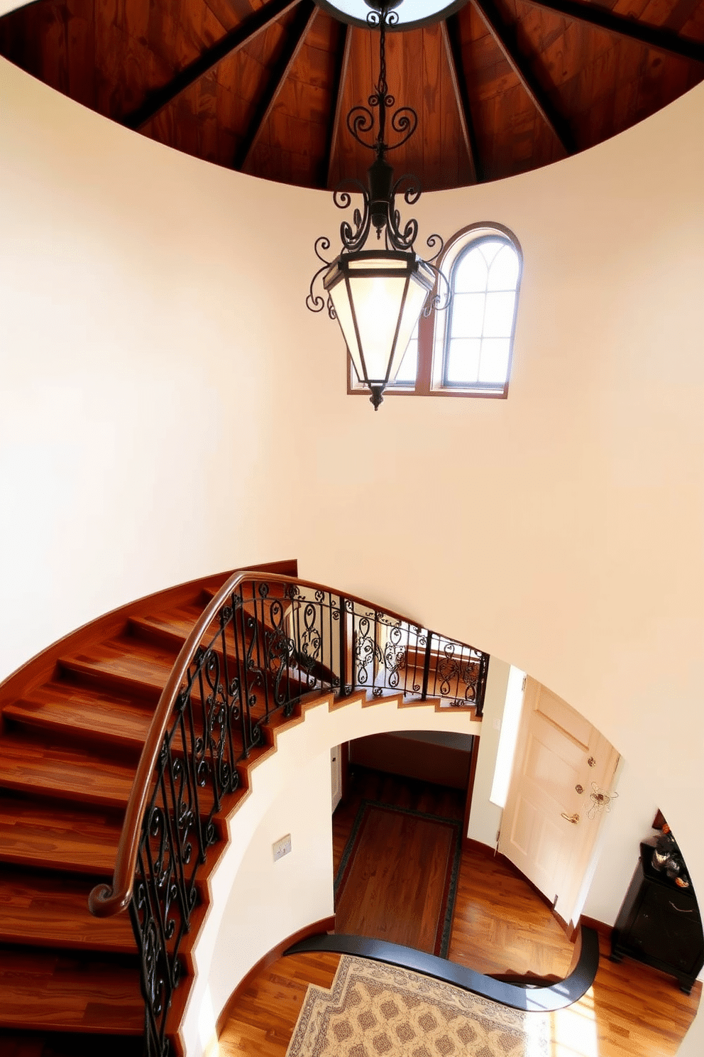 A grand spiral staircase featuring rich wooden treads gracefully ascends to the upper level. The balustrade is crafted from wrought iron, with intricate designs adding an elegant touch to the overall aesthetic. The surrounding walls are painted in a soft cream color, enhancing the warmth of the wood. A large, decorative light fixture hangs above, illuminating the space and creating a welcoming ambiance.