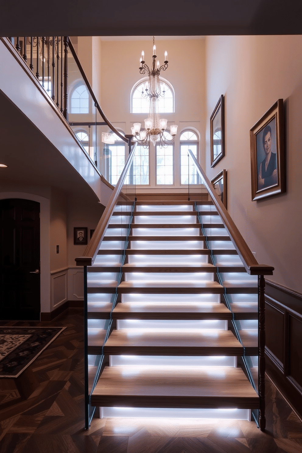 A stunning floating staircase features sleek wooden treads that appear to float, illuminated by soft LED lighting integrated into the risers. The staircase is surrounded by a glass railing, allowing for an unobstructed view of the elegant entryway below. For a closed staircase design, envision a classic wooden staircase with a rich, dark finish and ornate balusters. The walls are adorned with framed artwork, and a warm chandelier hangs overhead, casting a welcoming glow throughout the space.