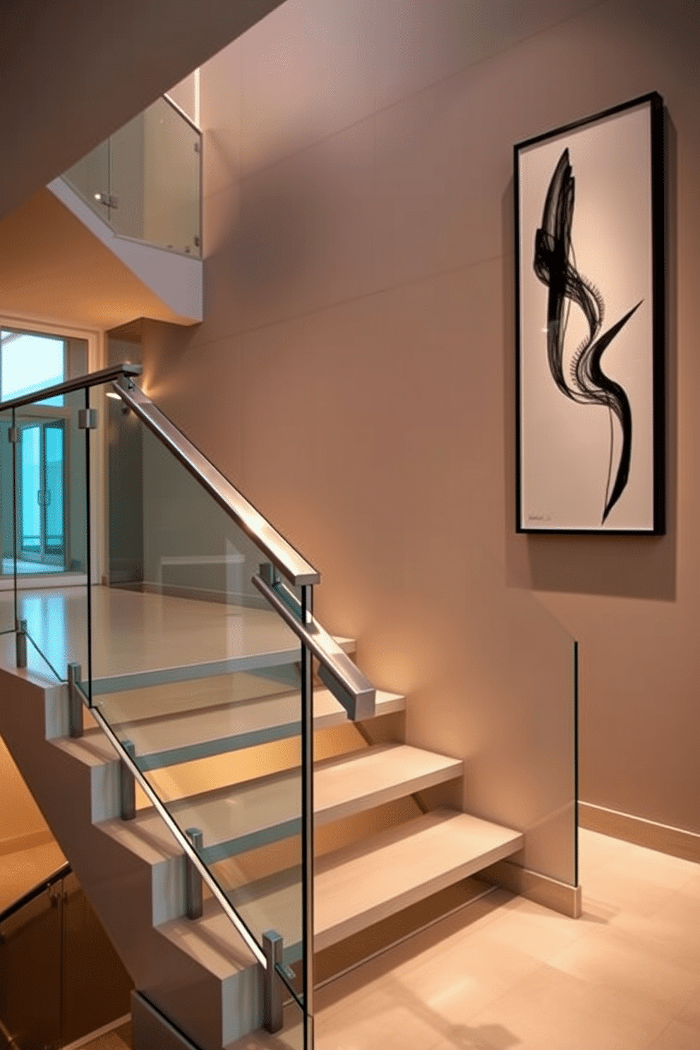 An elegant glass railing with stainless steel accents gracefully lines the staircase, enhancing the modern aesthetic of the space. The staircase features sleek, floating steps that create an open and airy feel, complemented by warm, ambient lighting embedded in the wall. The design incorporates a minimalist approach, with clean lines and a neutral color palette that emphasizes the beauty of the materials. A striking piece of art is displayed on the adjacent wall, drawing the eye and adding a touch of sophistication to the overall design.