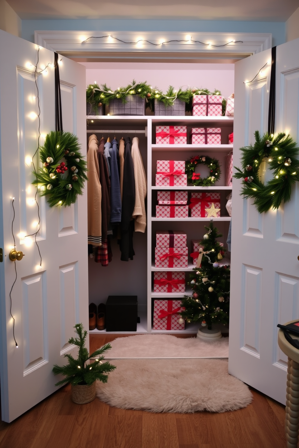 A charming closet adorned with seasonal wreaths on the doors, featuring a mix of evergreen branches, red berries, and pinecones for a festive touch. The interior is organized with neatly hung winter clothing, and twinkling fairy lights are draped around the shelves to create a warm, inviting atmosphere. For Christmas, the closet is transformed into a holiday haven, showcasing beautifully wrapped gifts stacked on the shelves. A soft, plush rug is placed on the floor, and a small decorative tree stands in the corner, adding a whimsical element to the festive decor.