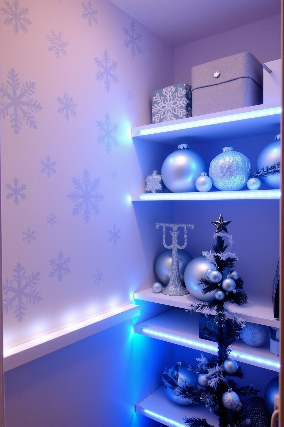 A cozy closet adorned with snowflake decals on the walls, creating a winter wonderland atmosphere. Soft white LED lights twinkle around the shelves, enhancing the festive charm of the space. Decorative Christmas ornaments in shades of silver and blue are tastefully arranged on the shelves, adding a touch of elegance. A small, festive tree stands in one corner, adorned with matching ornaments and a star on top, completing the holiday look.