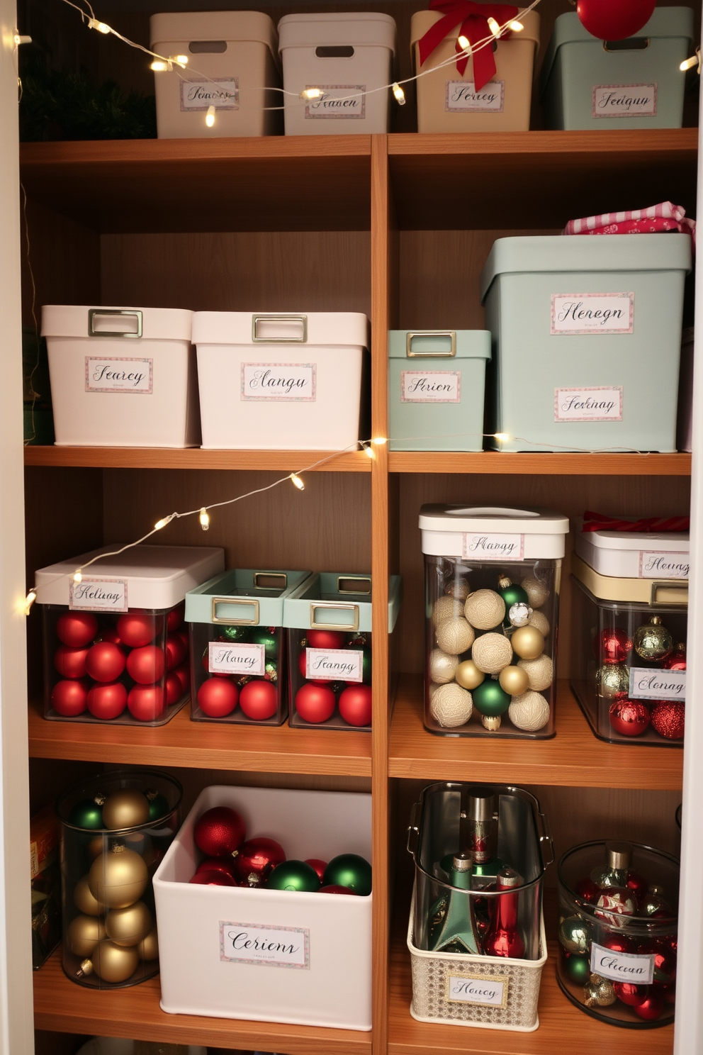 Themed labels for organized storage: A series of stylish storage bins are neatly arranged on a wooden shelving unit, each labeled with elegant, handwritten tags. The bins are color-coordinated with soft pastels, creating a visually pleasing and organized display that enhances the overall aesthetic of the room. Closet Christmas Decorating Ideas: The closet is transformed into a festive wonderland with twinkling string lights draped along the shelves and vibrant ornaments displayed in clear containers. A cozy red and green color palette is used throughout, with themed labels for holiday decorations adding a touch of charm and organization.