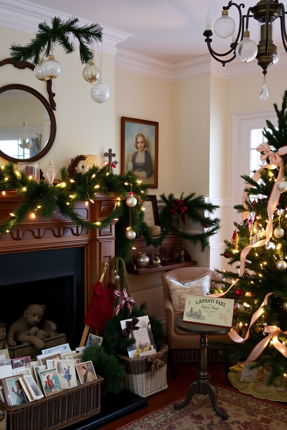 A charming living room adorned with vintage holiday decorations. An antique wooden mantel is draped with garlands of pine and twinkling fairy lights, while classic glass ornaments hang from the ceiling. In the corner, a beautifully decorated Christmas tree showcases heirloom ornaments and delicate ribbons. A collection of vintage holiday postcards is artfully arranged on a side table, adding a nostalgic touch to the festive atmosphere.