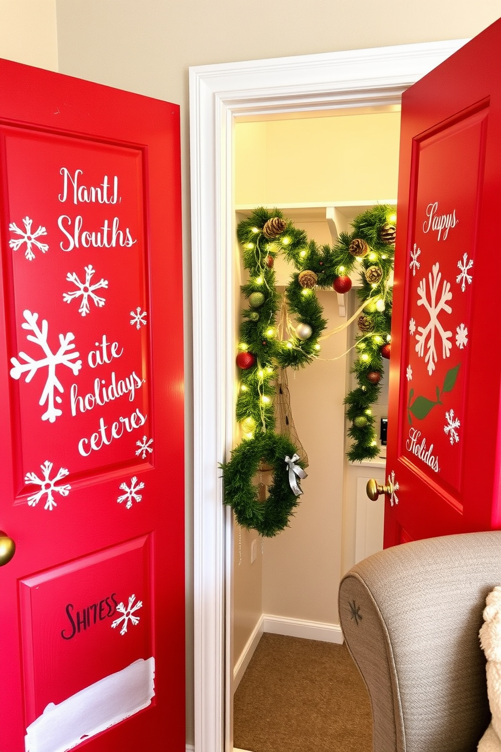 A cozy holiday scene featuring beautifully decorated closet doors adorned with DIY artwork. The doors are painted in a festive red hue, showcasing hand-painted snowflakes and cheerful holiday greetings. On the inside, the closet is filled with twinkling fairy lights and garlands made of pinecones and holly. A small wreath hangs on the door handle, completing the charming Christmas theme.